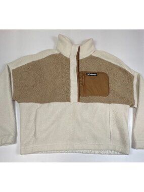 Columbia Men XL Cream Tan Sherpa Fleece Quarter Snap Pullover Jacket Pocket